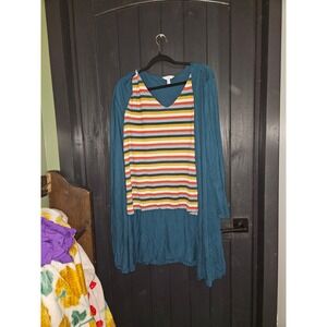 Teal Long Sleeve Layering Cardigan With Striped Tank Top Set Womens